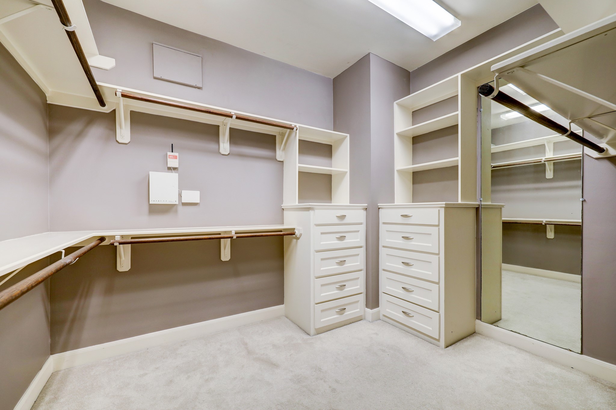 5202 Rose Street, Unit B Houston, TX 77007 - Photo 31 of 40 Spacious walk-in closet with ample shelving, hanging rods, and built-in drawers. Neutral tones and bright lighting create a functional and inviting space.