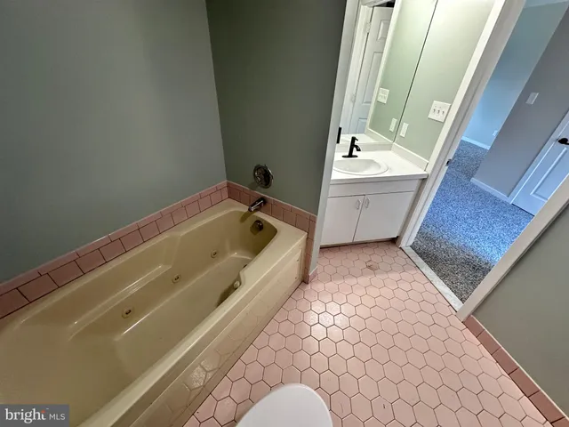 a bathroom with a tub sink and mirror