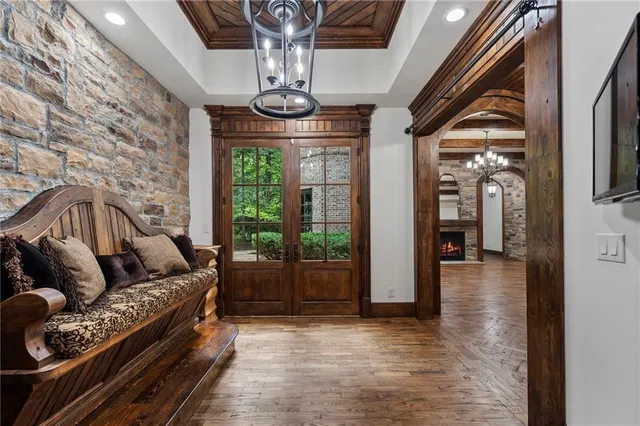 an aerial view of a house with outdoor space