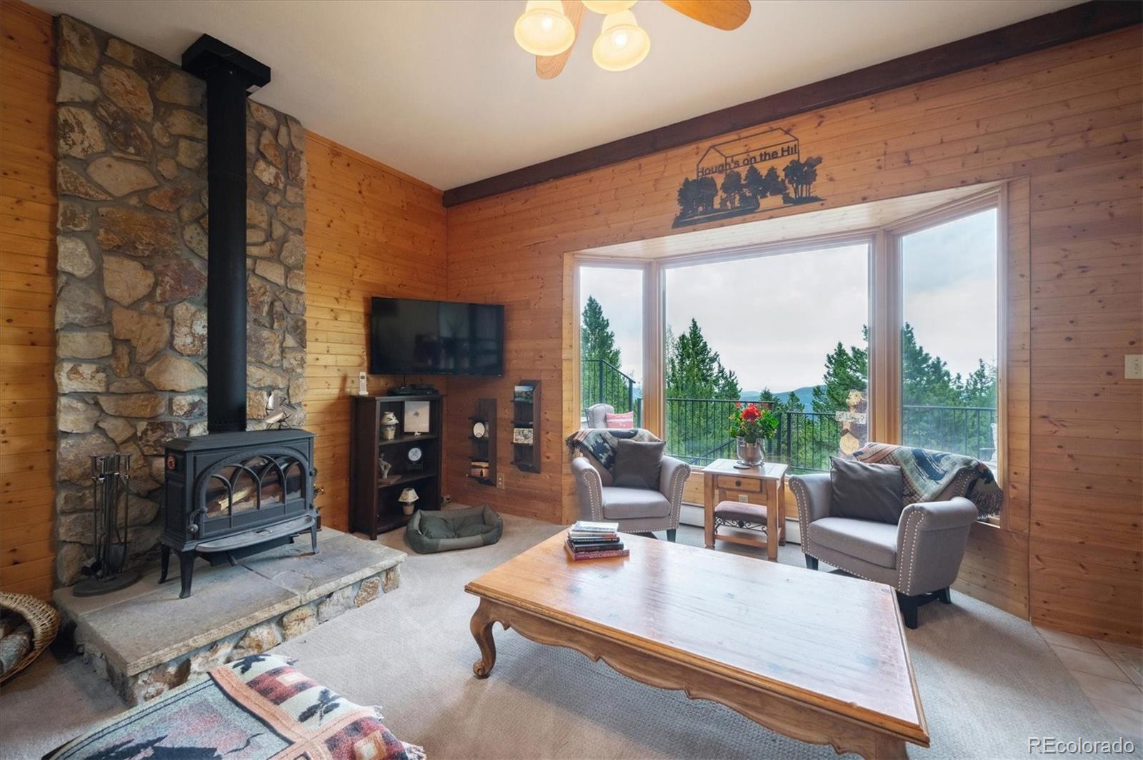 11094 Thomas Drive Conifer, CO 80433 - Photo 15 of 44 a living room with fireplace furniture and a flat screen tv