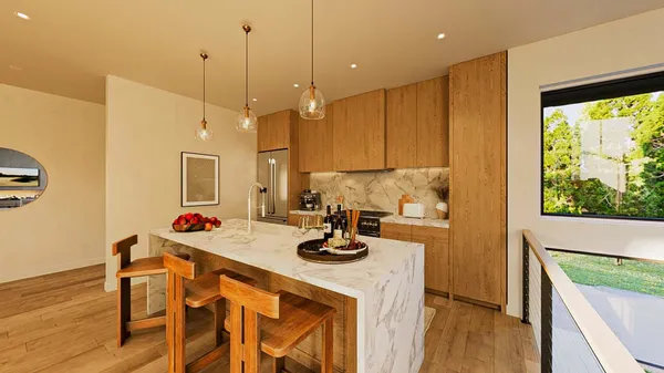 a kitchen with a table chairs stove and wooden floor