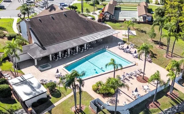 a view of a water with palm trees