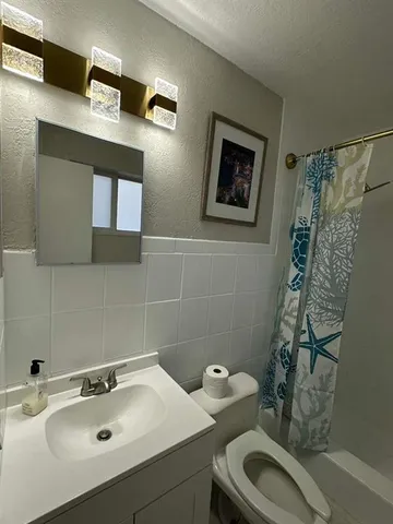 a bathroom with a sink toilet and shower