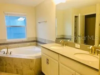 a bathroom with a granite countertop tub sink and mirror