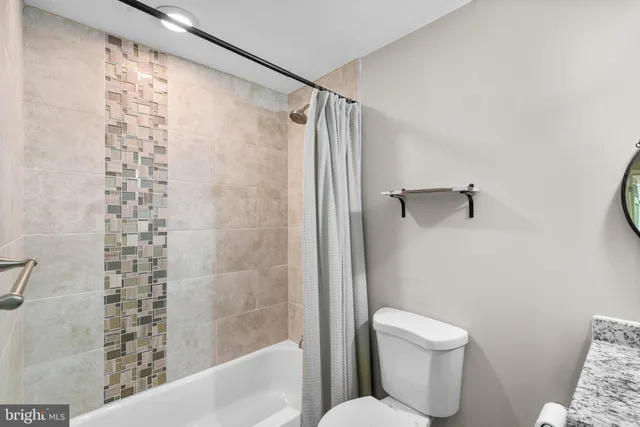 a bathroom with a shower and a toilet