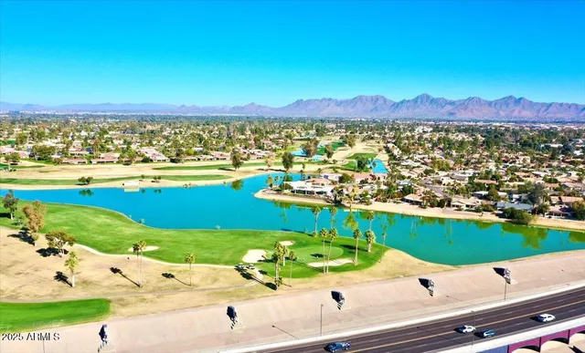 a view of a city with an ocean beach