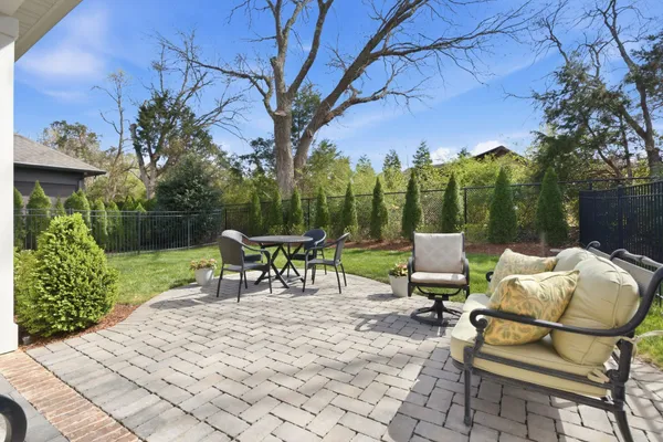 a view of a bench in a garden