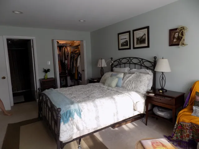 a bedroom with bed and a closet