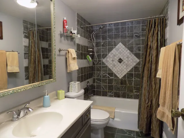 a bathroom with a sink toilet and shower