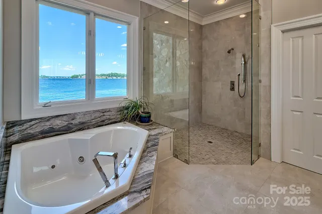 a bathroom with a tub a sink and shower