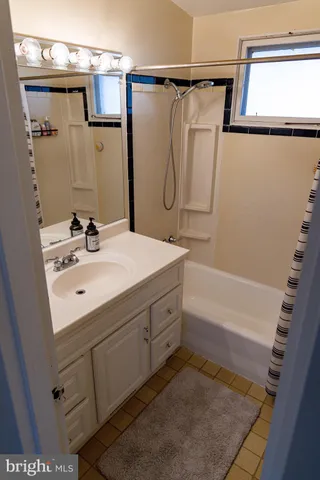 a bathroom with a sink a mirror and a shower