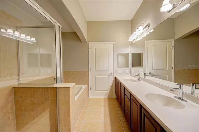 a bathroom with a double vanity sink a mirror and a shower