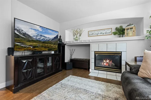 a living room with furniture a flat screen tv and a fireplace