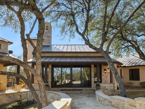 a street view with large trees