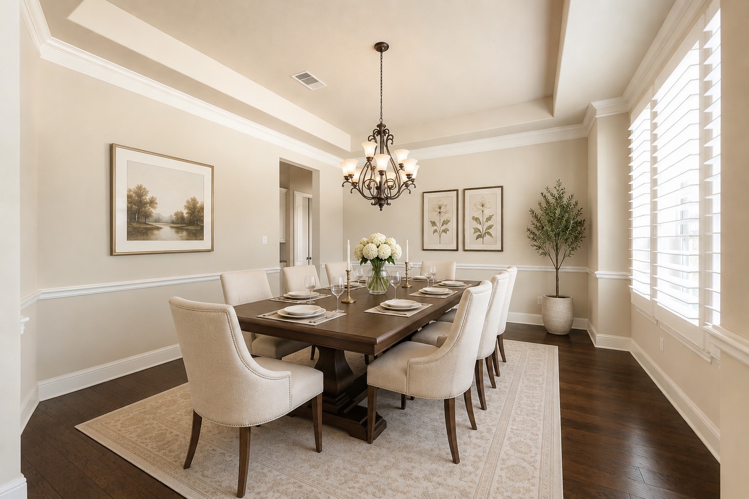 5803 Mustang Ridge Lane Fulshear, TX 77441 - Photo 7 of 50 Formal dining room features rich wood flooring, crown molding and plantation shutters that bring warmth and elegance to the space. The spacious layout offers an inviting setting for both everyday dining and special gatherings.