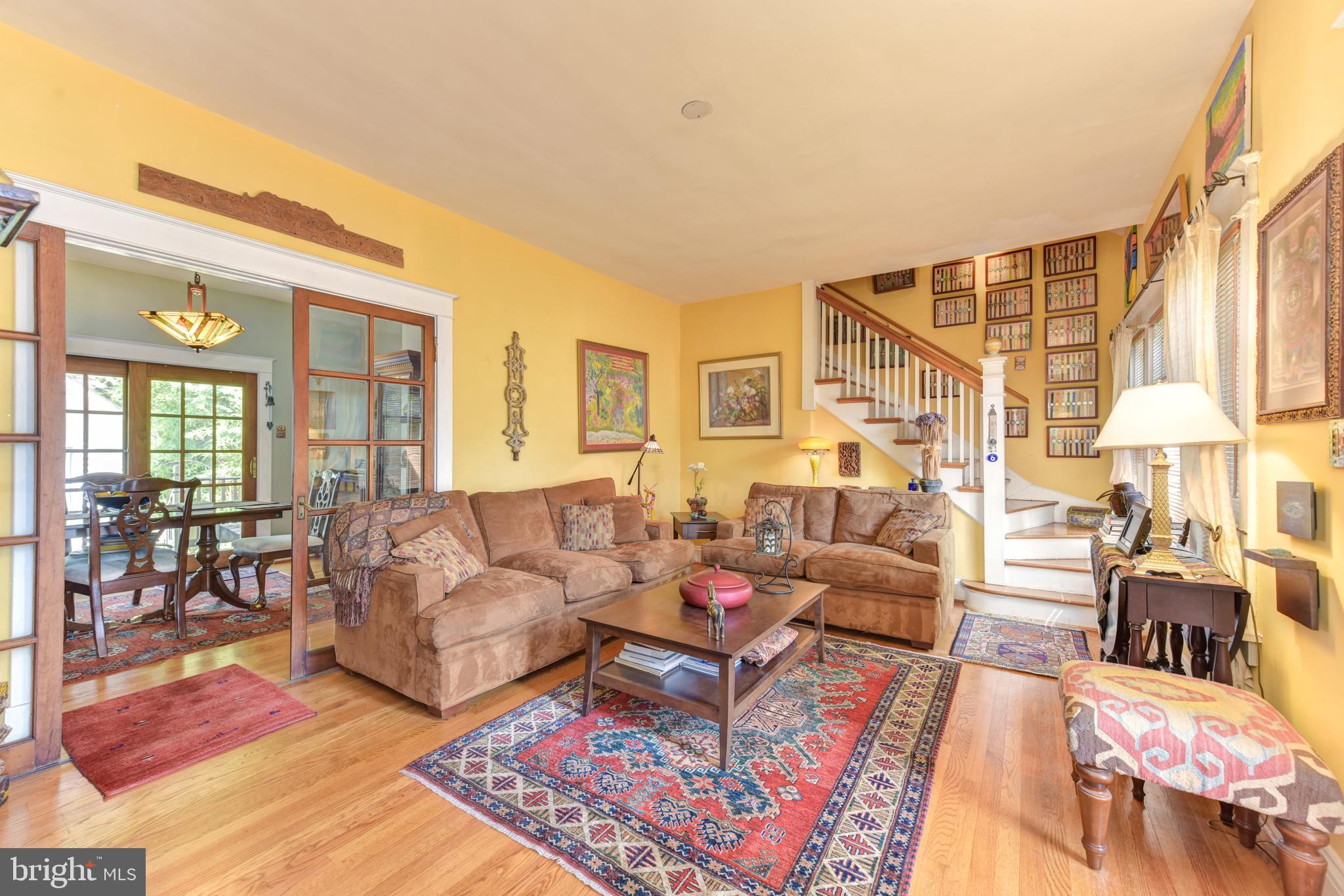 Living room with French doors to dining room