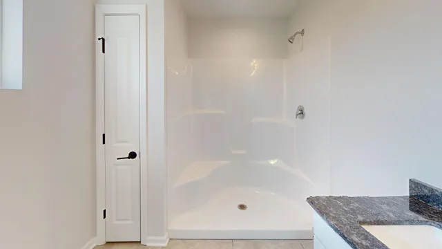 a bathroom with a granite countertop sink and shower