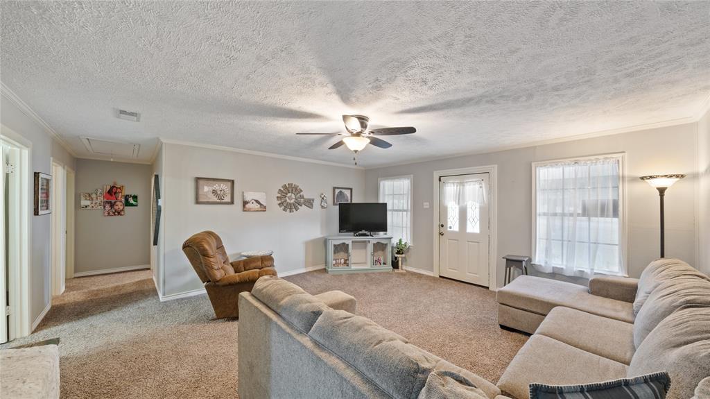 14260 North 3rd Street Scurry, TX 75158 - Photo 3 of 13 Carpeted living area featuring ornamental molding, attic access, ceiling fan, and a textured ceiling