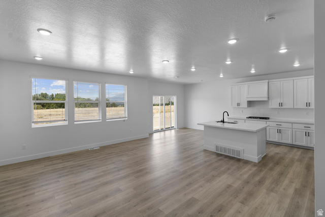 2840 West Aurora Avenue Mapleton, UT 84664 - Photo 3 of 14 Open-concept living area featuring wood-finish flooring, recessed lighting, and a kitchen with white cabinetry, a center island with a sink, and a sliding glass door