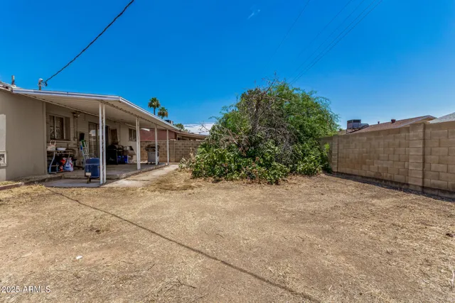 a view of a backyard with plants and a patio
