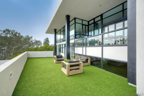 a garden view with a seating space