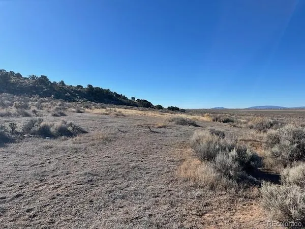 a view of a dry yard with mountains in the background