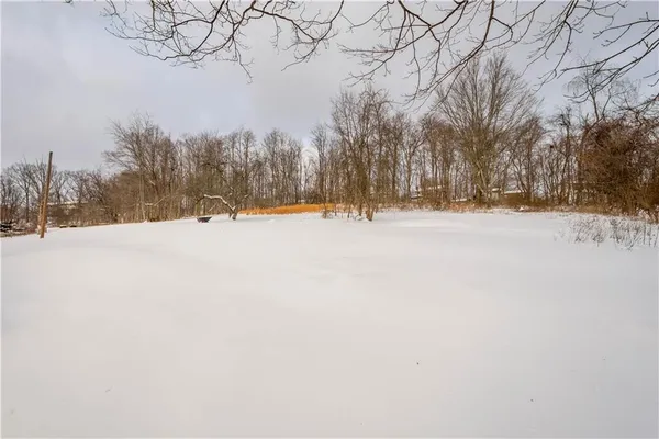 a view of side of snow with yard and trees in the background