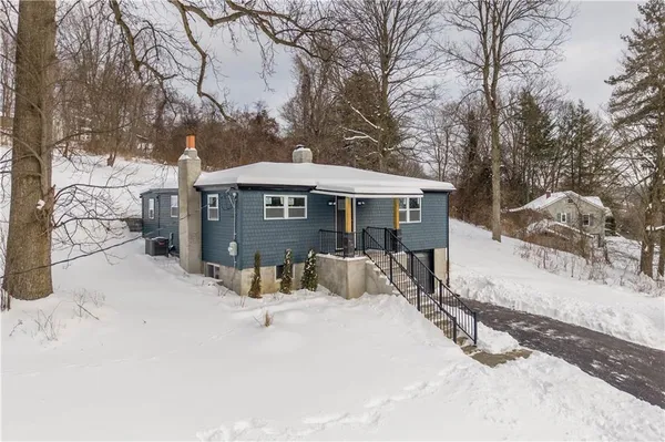 a view of a house with snow in the background