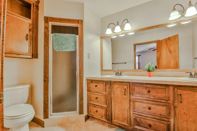 a bathroom with a granite countertop sink a toilet and a mirror