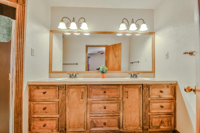 a bathroom with a sink vanity and a mirror