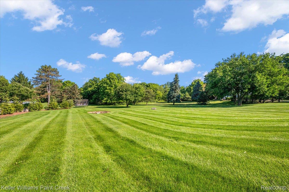 69069 Campground Road Romeo, MI 48065 - Photo 9 of 78 Expansive green lawn with visible mowing patterns, mature trees, and a small circular garden bed