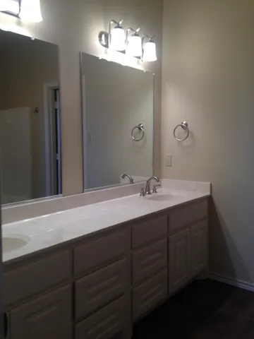 a bathroom with a sink and a mirror