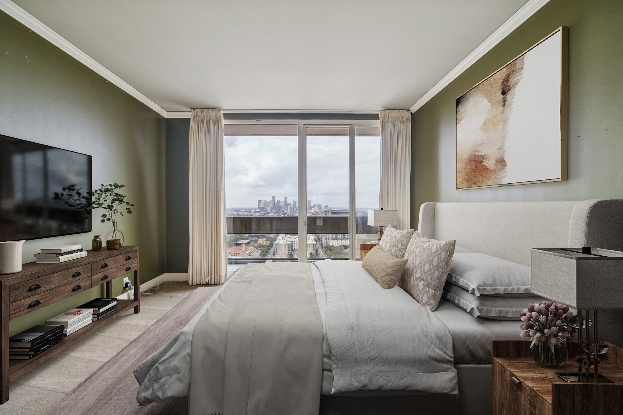 1111 Hermann Drive, Unit 28D Houston, TX 77004 - Photo 22 of 49 a bedroom with a bed and a flat tv screen on the dresser