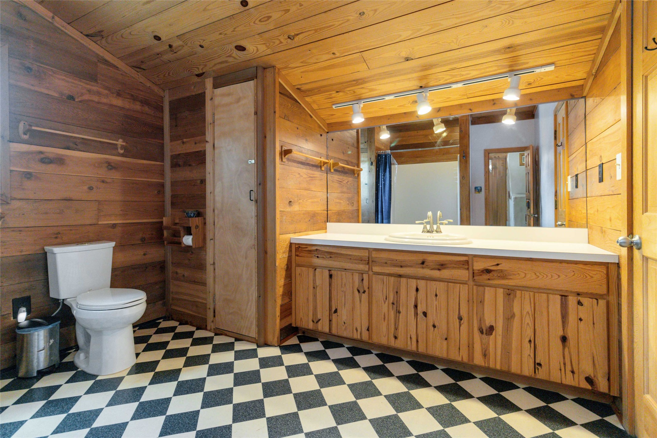 180 Ironstone Road Smithville, TX 78957 - Photo 22 of 37 Bathroom featuring light flooring, vanity, wooden walls, a vaulted wood ceiling, and track lighting