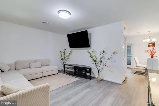 a living room with furniture and a potted plant