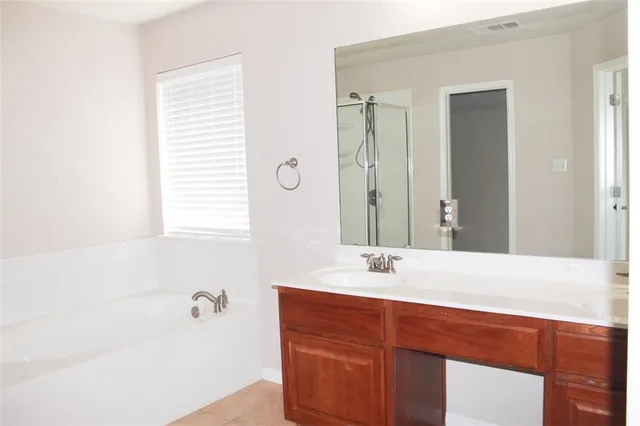 a bathroom with a tub sink and mirror