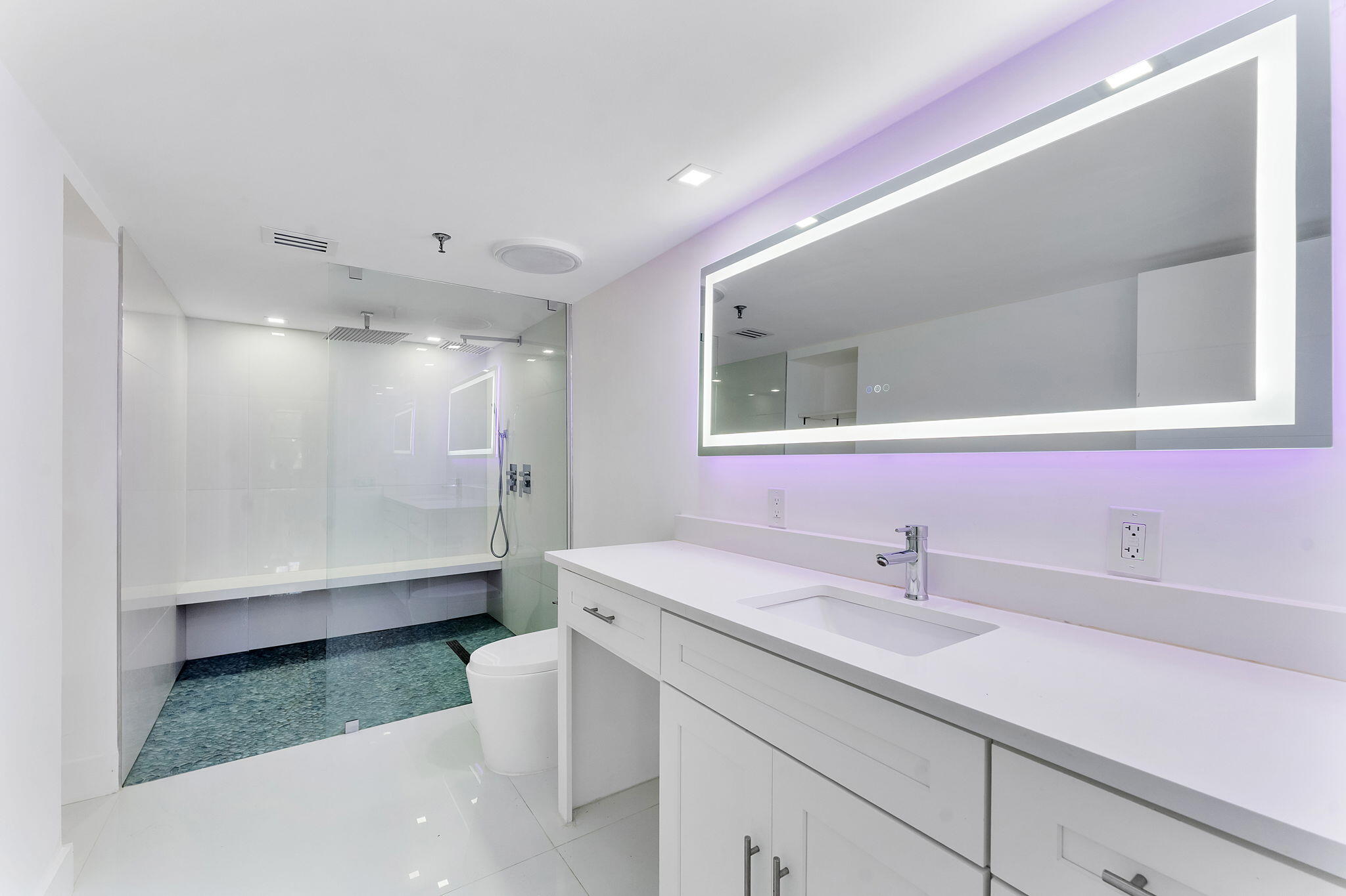 a bathroom with a sink a toilet and a shower