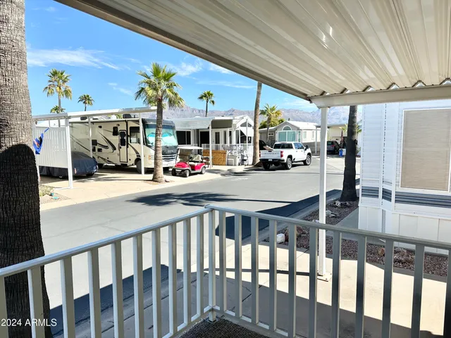 a view of a porch with seating space