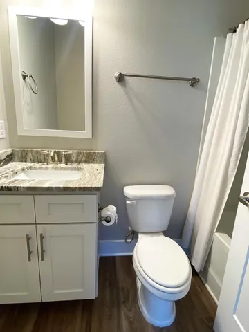 a bathroom with a granite countertop toilet sink and mirror