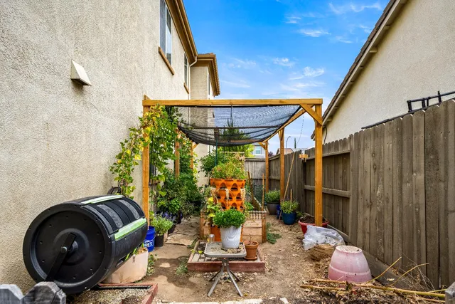 a garden view with a seating space