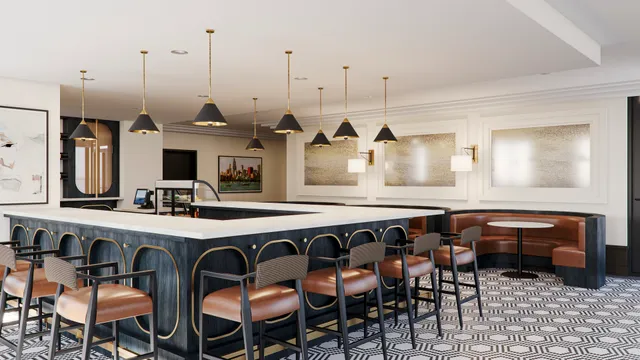 a dining hall with stainless steel appliances kitchen island granite countertop a table chairs and a sink