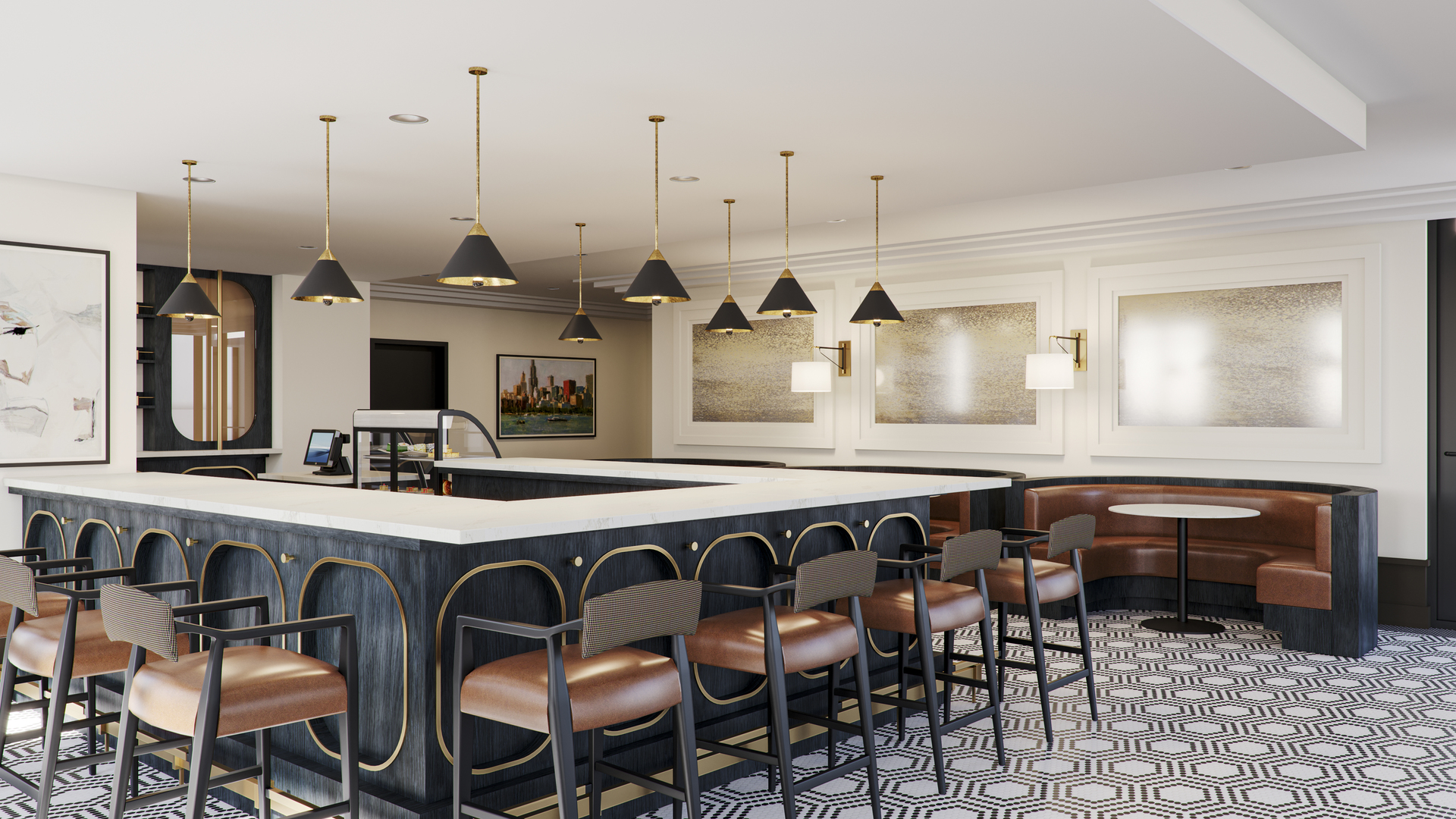 703 Madison Street, Unit 526 Oak Park, IL 60302 - Photo 19 of 29 a dining hall with stainless steel appliances kitchen island granite countertop a table chairs and a sink