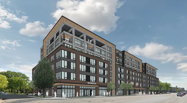 a view of a building and a street