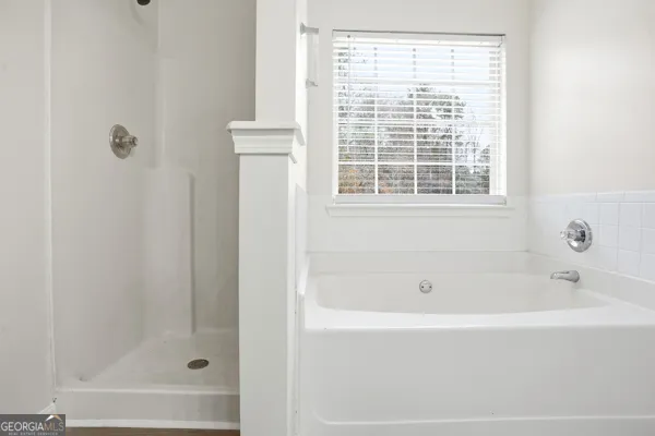 a bathroom with a bathtub and a shower