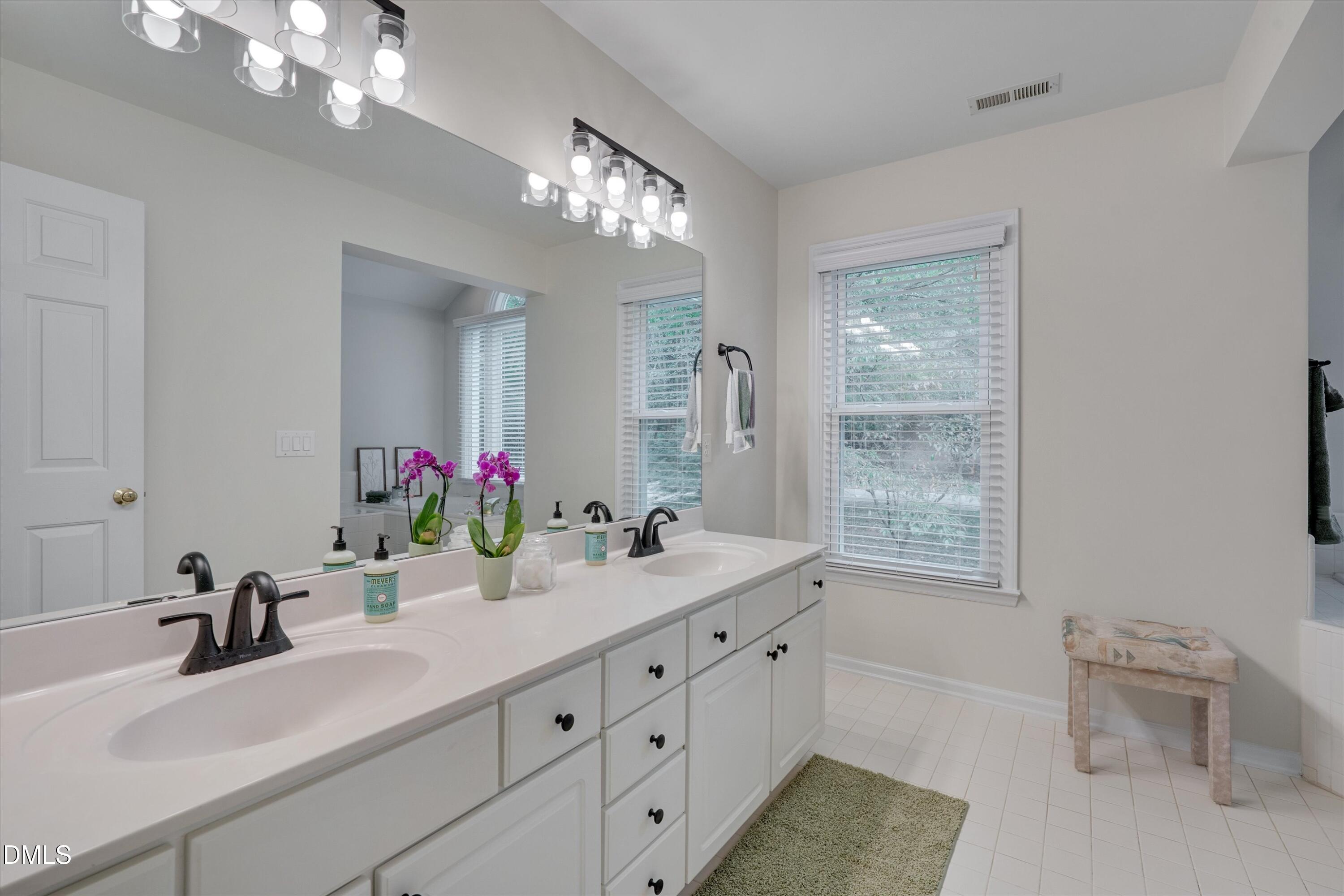 205 Cates Farm Road Chapel Hill, NC 27516 - Photo 32 of 56 a bathroom with a double vanity sink mirror and next to a window