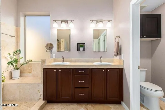 a bathroom with a sink double vanity and a mirror