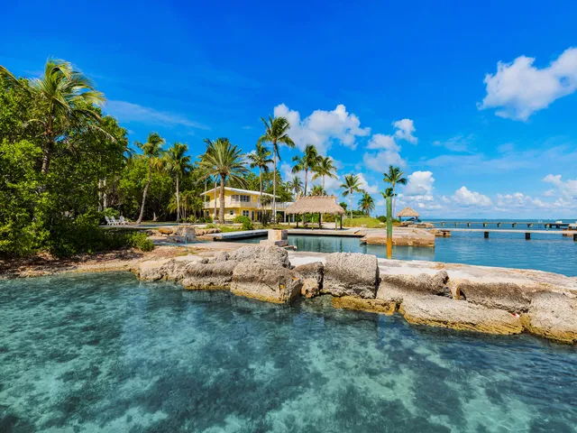 a view of swimming pool with outdoor seating and trees in the background