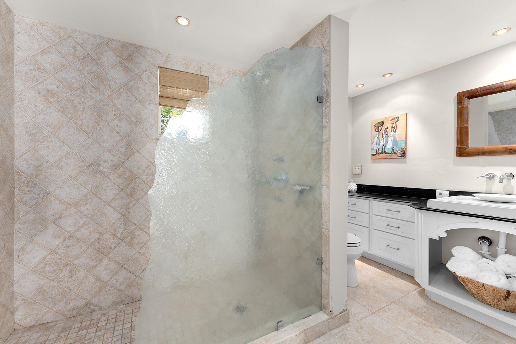 36 Sunset Road Key Largo, FL 33037 - Photo 43 of 55 a bathroom with a granite countertop sink a shower and a mirror