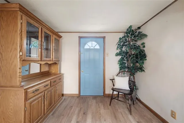 a kitchen with a refrigerator and a more potted plant