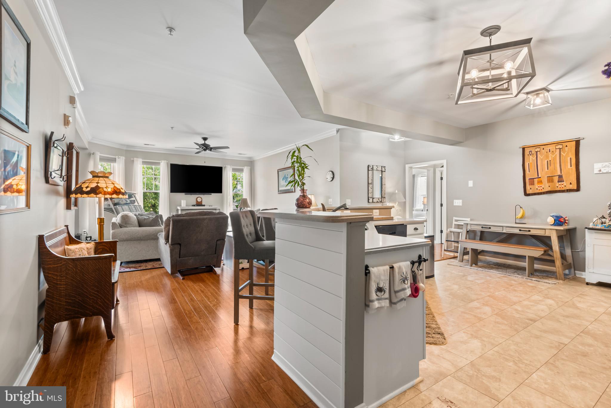 900 Marshy Cove, Unit 103 Cambridge, MD 21613 - Photo 4 of 19 a living room with furniture a dining table and kitchen view